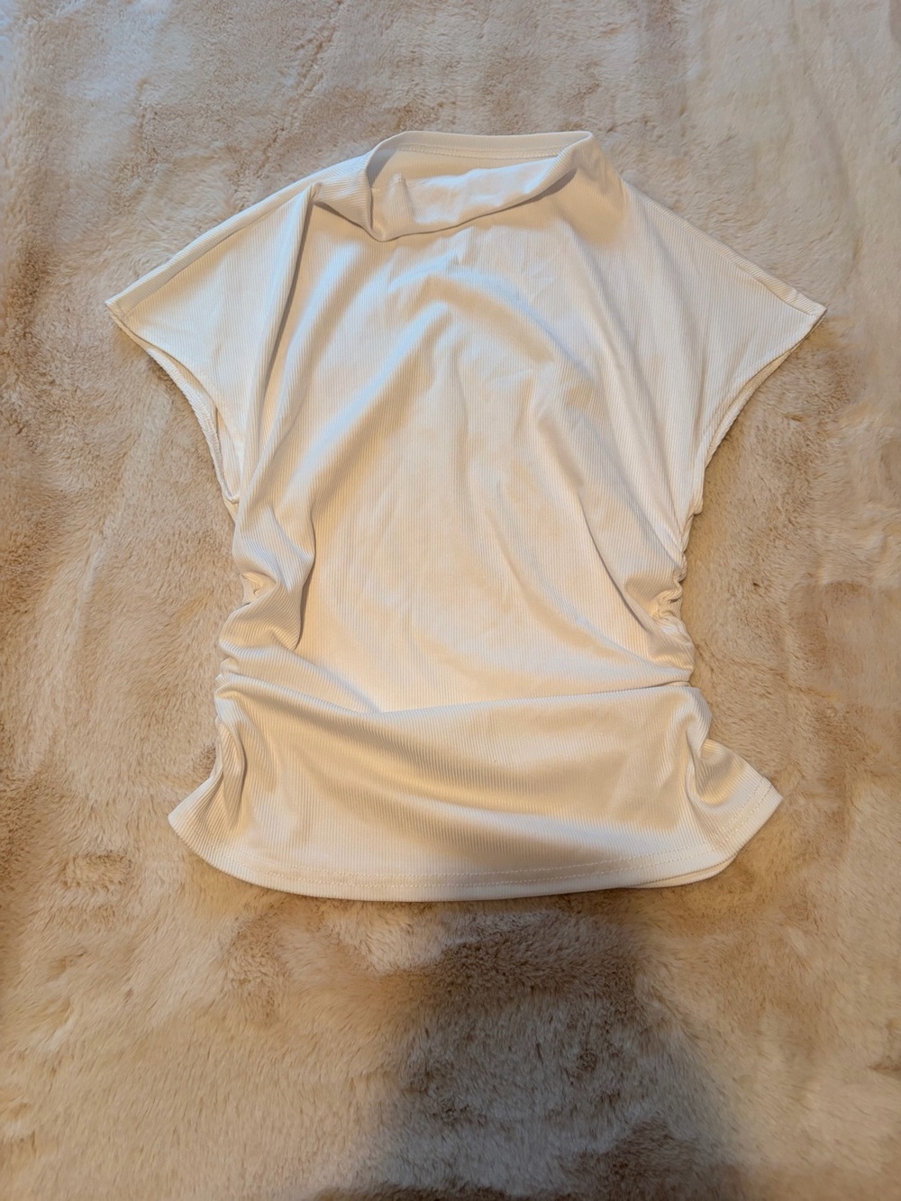 White Ribbed Mock Neck Dolman Sleeve Ruched Side Top